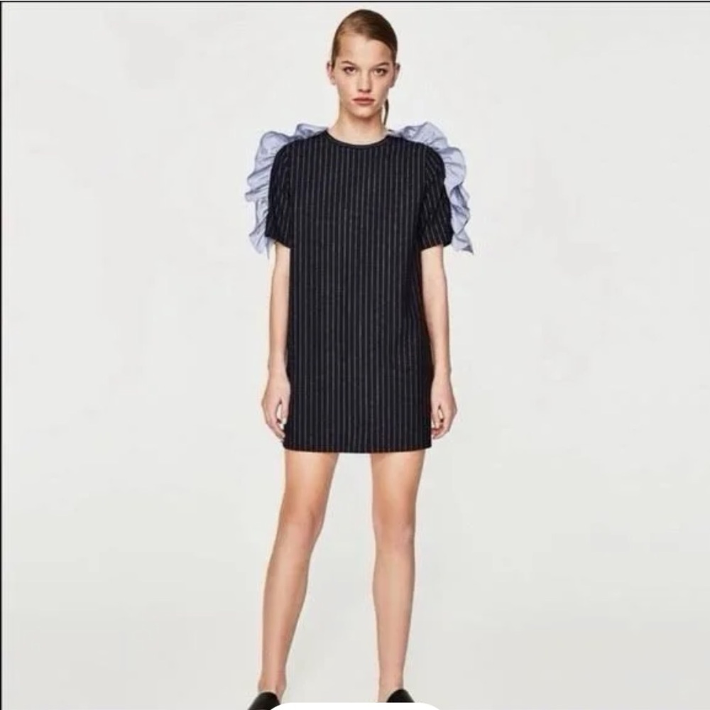 Zara Trafaluc Pinstripe Ruffle Sleeve Shift Mini Dress Size: Large